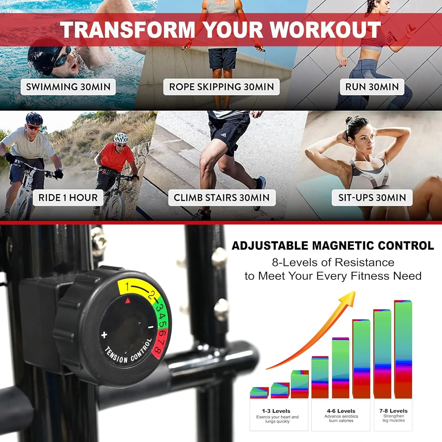 2-in-1 Elliptical Trainer & Exercise Bike EM-1202 Magnetic Resistance Cross Trainer with Digital Monitor with Bluetooth 8-Level Control Cardio Workout Machine