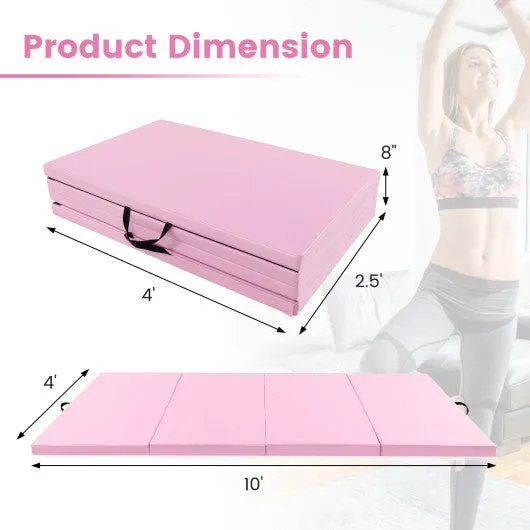 4-Panel PU Leather Folding Exercise Mat with Carrying Handles-Pink