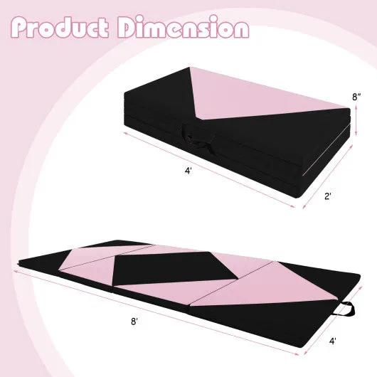 8 Feet PU Leather Folding Gymnastics Mat with Hook and Loop Fasteners-Black & Pink