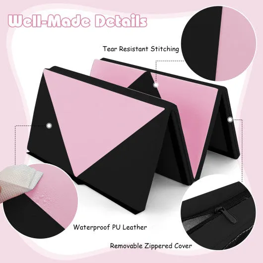 8 Feet PU Leather Folding Gymnastics Mat with Hook and Loop Fasteners-Black & Pink