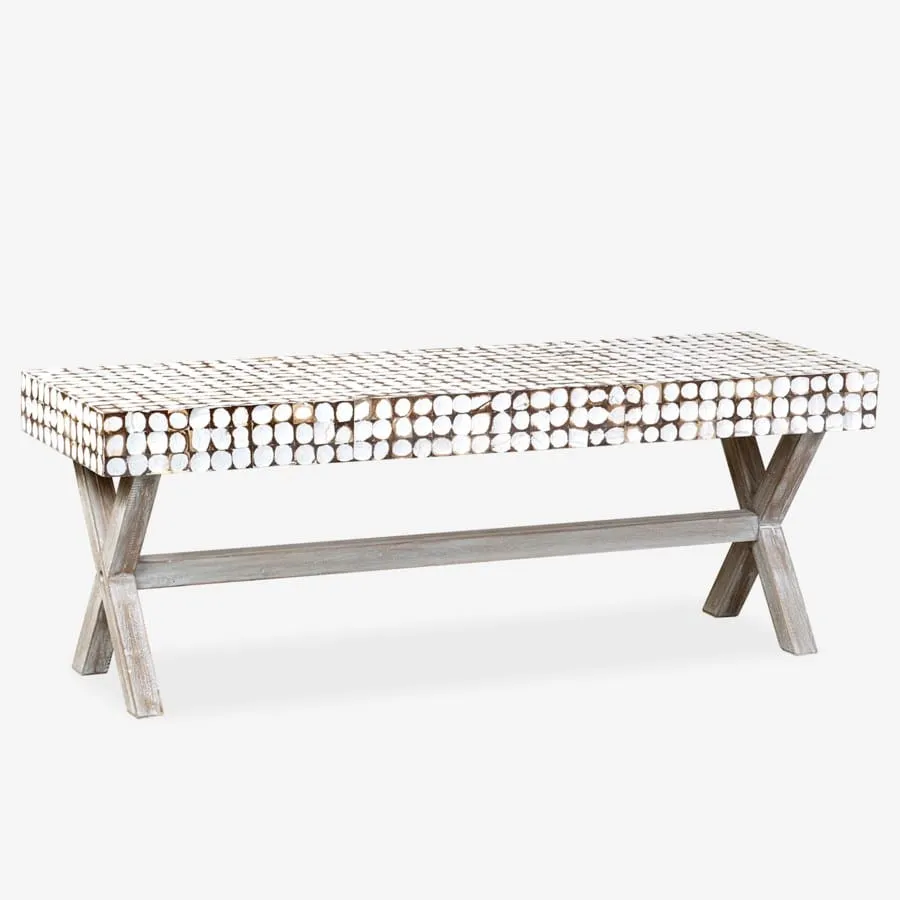 Bayside Coconut Shell Bench with X-Base (K/D) - White Patina by Jeffan