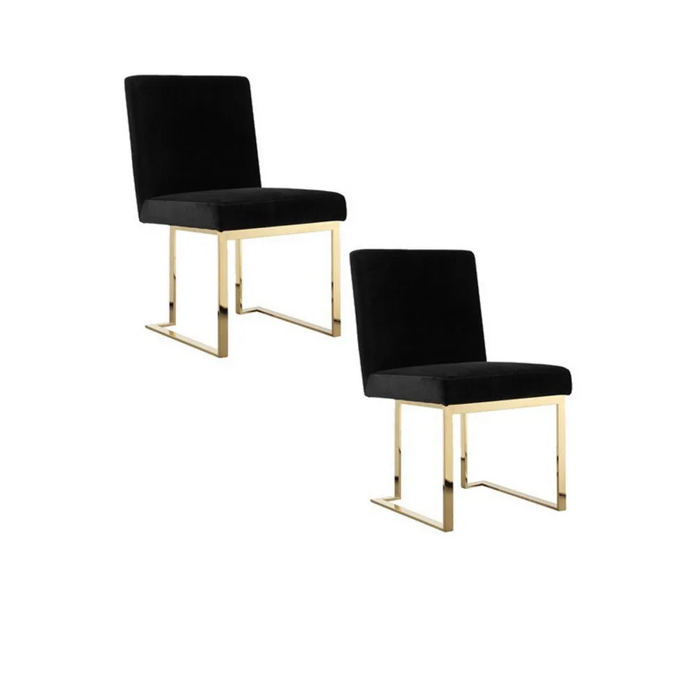 Boly 24 Inch Side Dining Chair Set of 2, Black Velvet, Gold Cantilever By Casagear Home