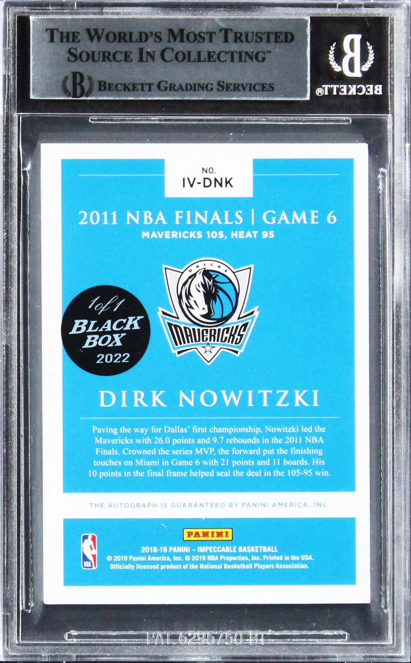 Dirk Nowitzki Signed 2018 Panini Impeccable Victory BB 1/1 #DNK Card BAS Slabbed