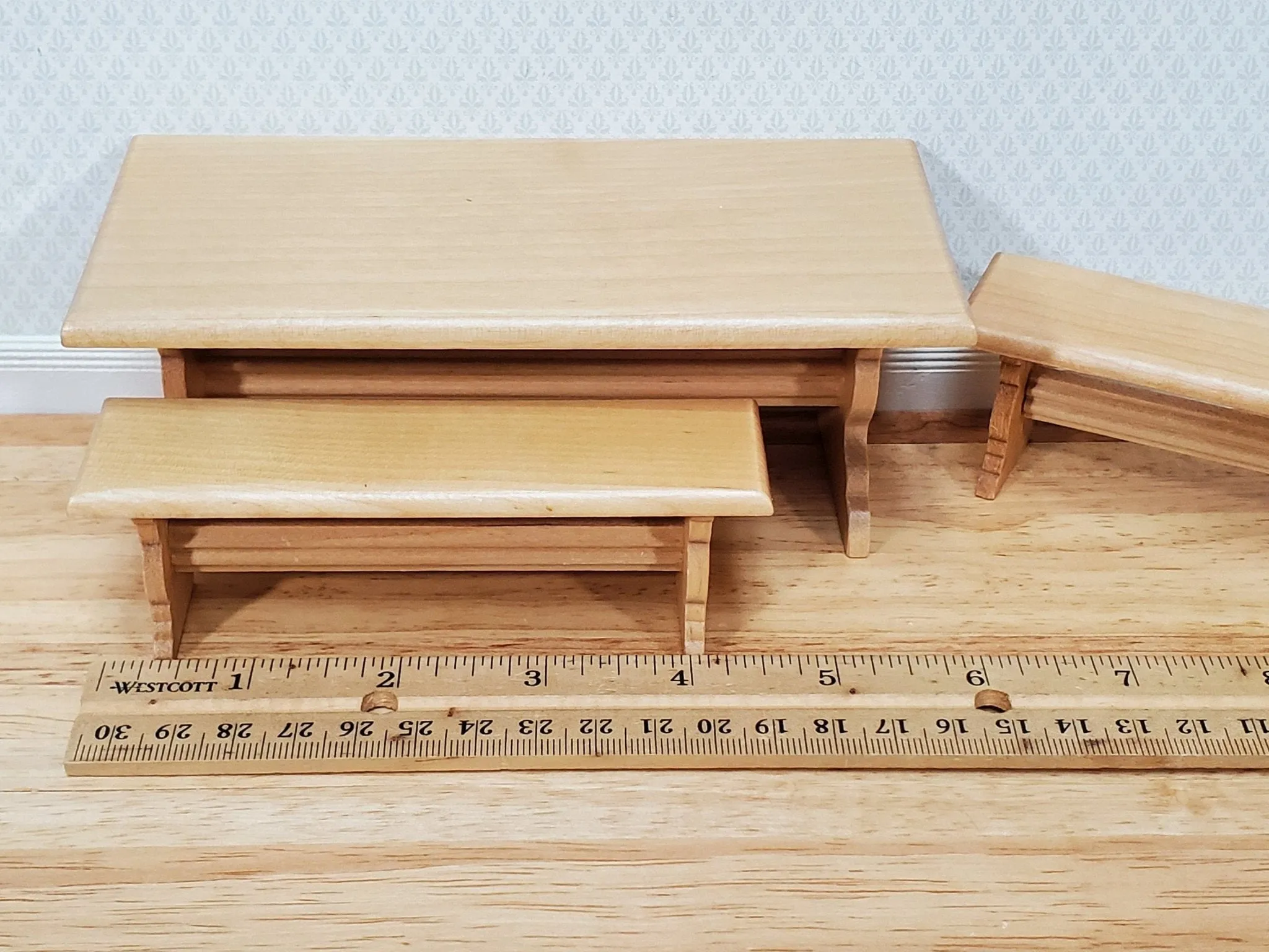 Dollhouse Trestle Table with 2 Benches 1:12 Scale Miniature Wood Furniture Kitchen