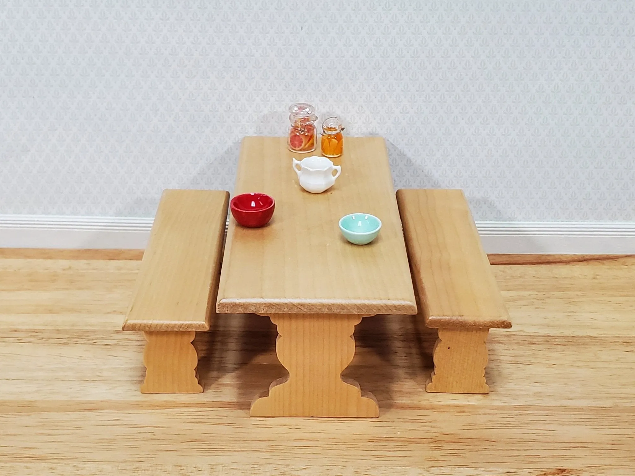 Dollhouse Trestle Table with 2 Benches 1:12 Scale Miniature Wood Furniture Kitchen