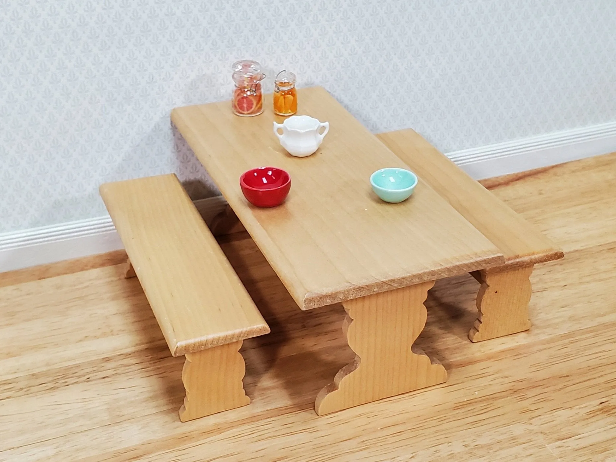 Dollhouse Trestle Table with 2 Benches 1:12 Scale Miniature Wood Furniture Kitchen