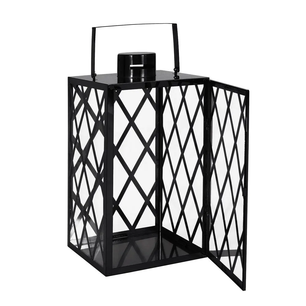 Dove 18 Inch Lantern, Lattice Black Stainless Steel, Tempered Glass By Casagear Home