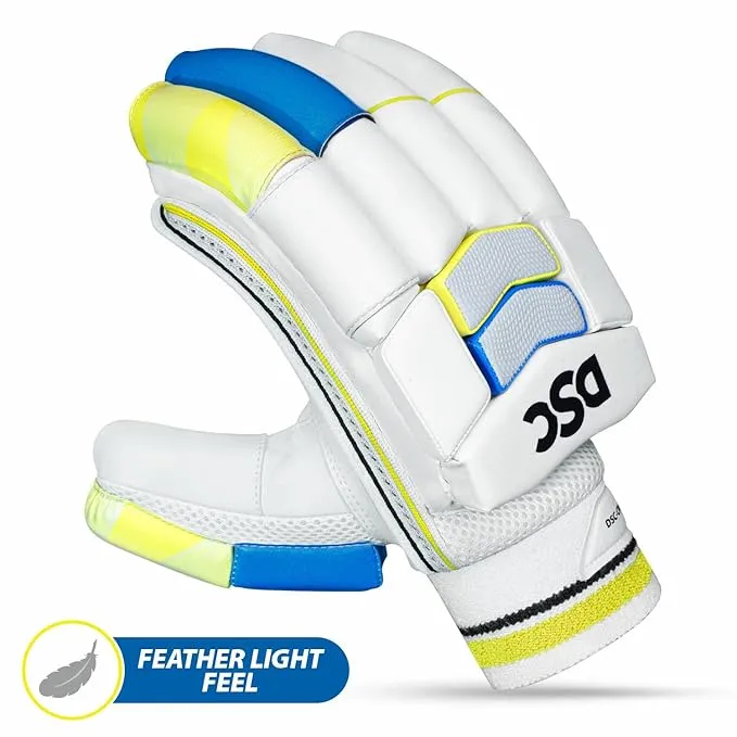 DSC Condor Glider Leather Cricket Batting Gloves for Men, Right Hand – Premium Protection-White/Blue/Yellow