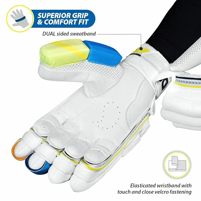 DSC Condor Glider Leather Cricket Batting Gloves for Men, Right Hand – Premium Protection-White/Blue/Yellow