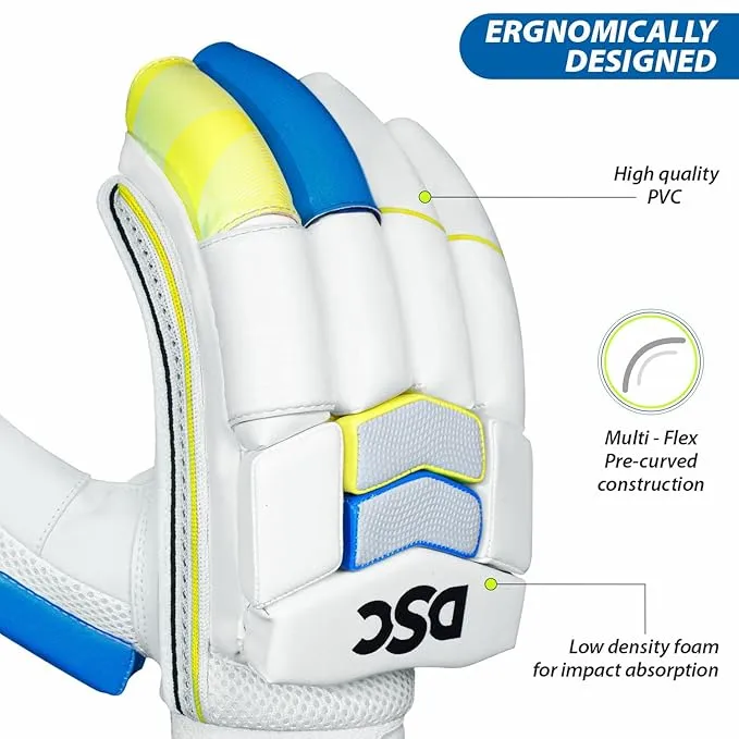 DSC Condor Glider Leather Cricket Batting Gloves for Men, Right Hand – Premium Protection-White/Blue/Yellow