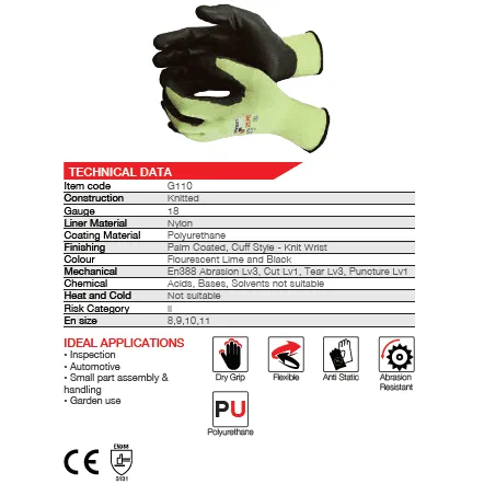 Flex Hi-Viz lime Lite-Pro PU nylon gloves Abrasion-Lv3