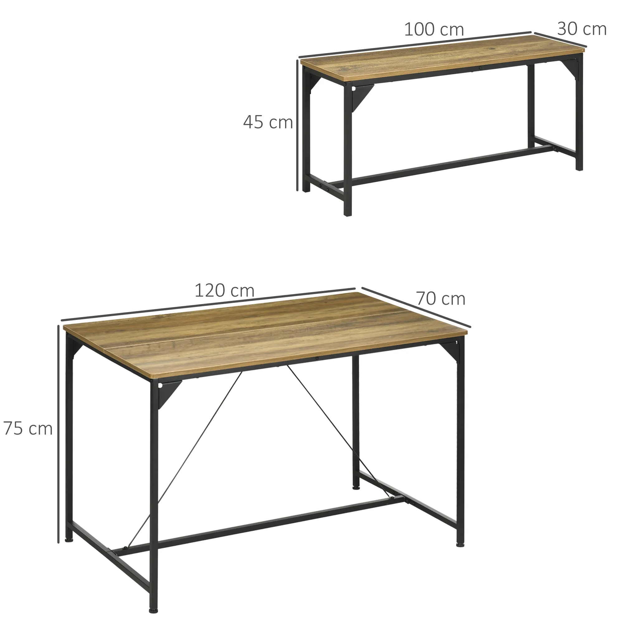 HOMCOM Dining Table and Bench Set for 4, Kitchen Table with 2 Benches, Space Saving Dining Room Sets, Natural