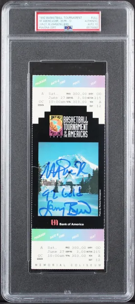 Magic Johnson & Larry Bird Signed 1992 TOTA Full Ticket Stub Auto 10! PSA Slab