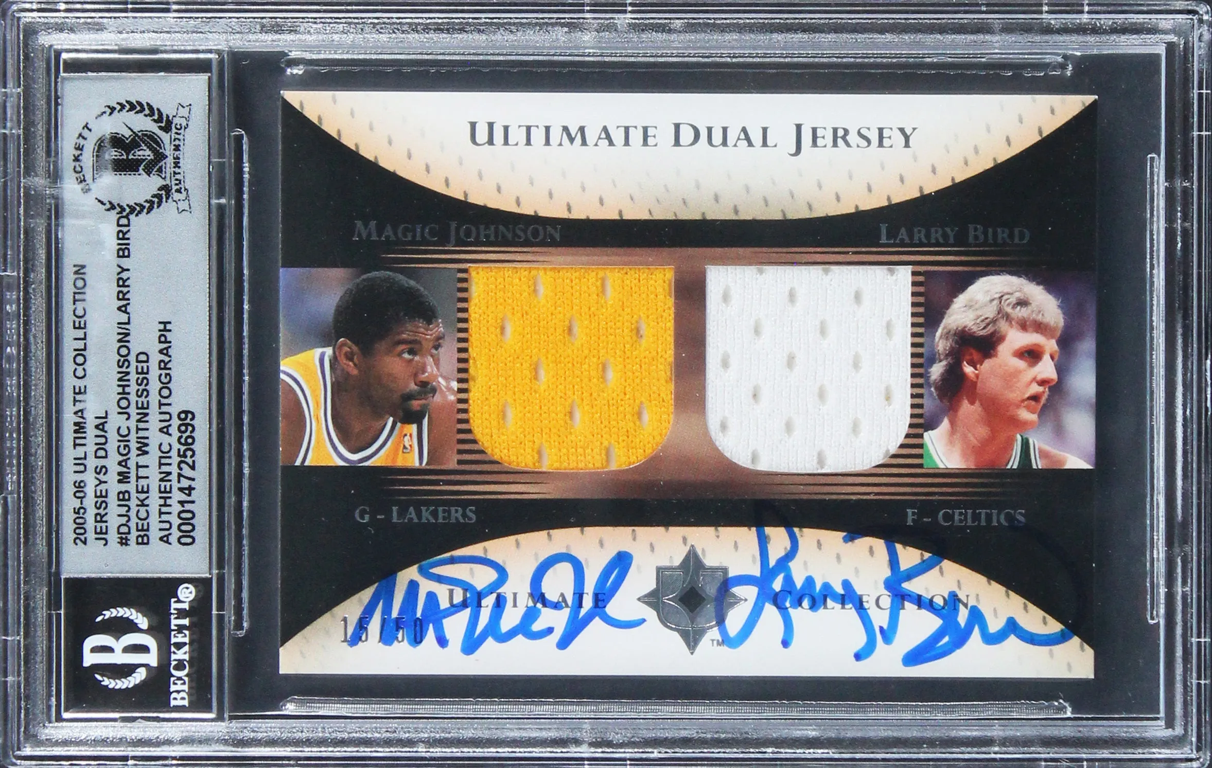 Magic Johnson & Larry Bird Signed 2005 Ultimate Patches DPJB 15/50 Card BAS Slab