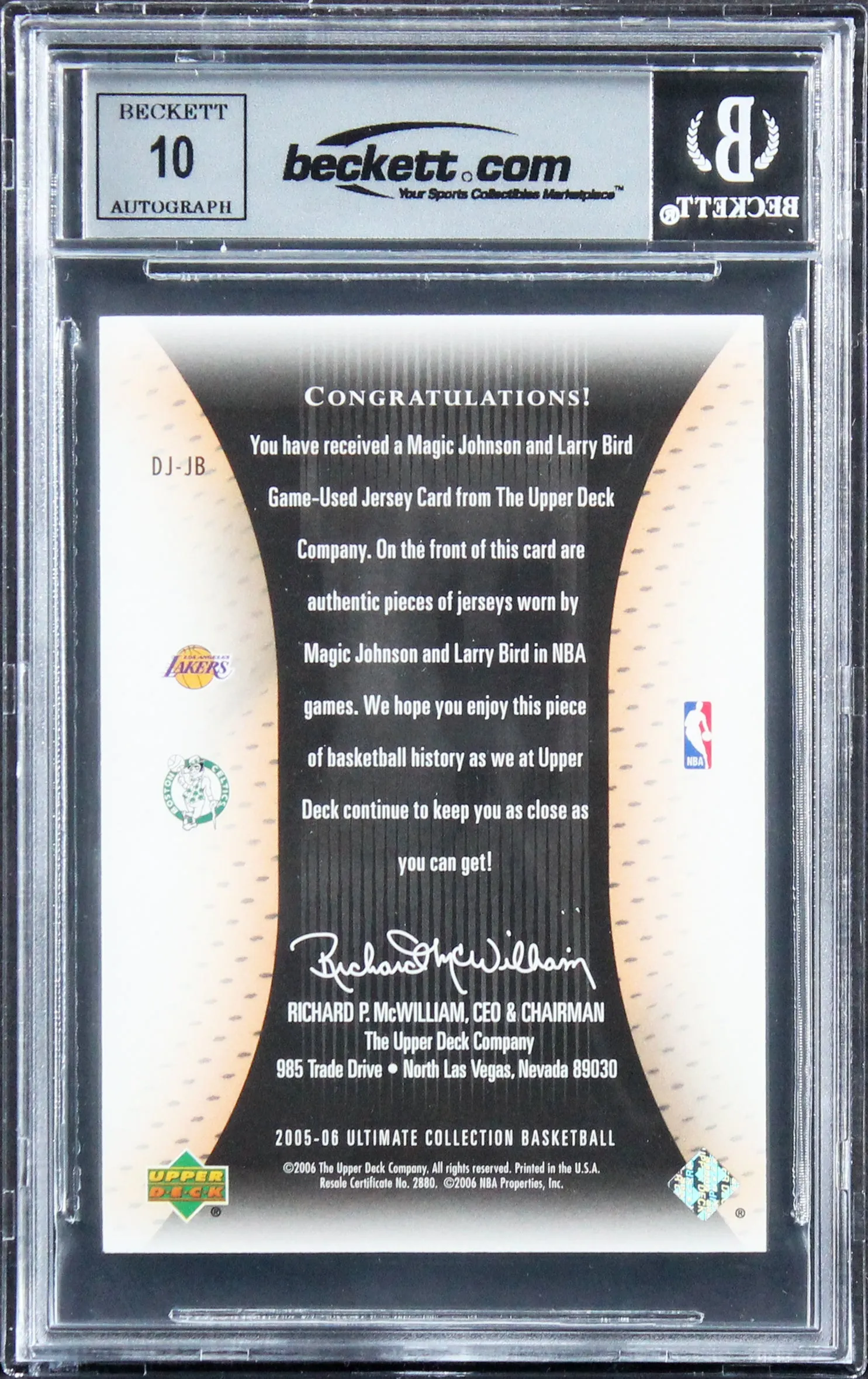 Magic Johnson & Larry Bird Signed 2005 Ultimate Patches DPJB 15/50 Card BAS Slab