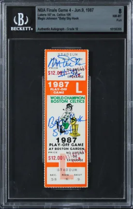 Magic Johnson Signed 1987 Finals Game 4 Ticket EX-MT 8, Auto 10! BAS Slabbed