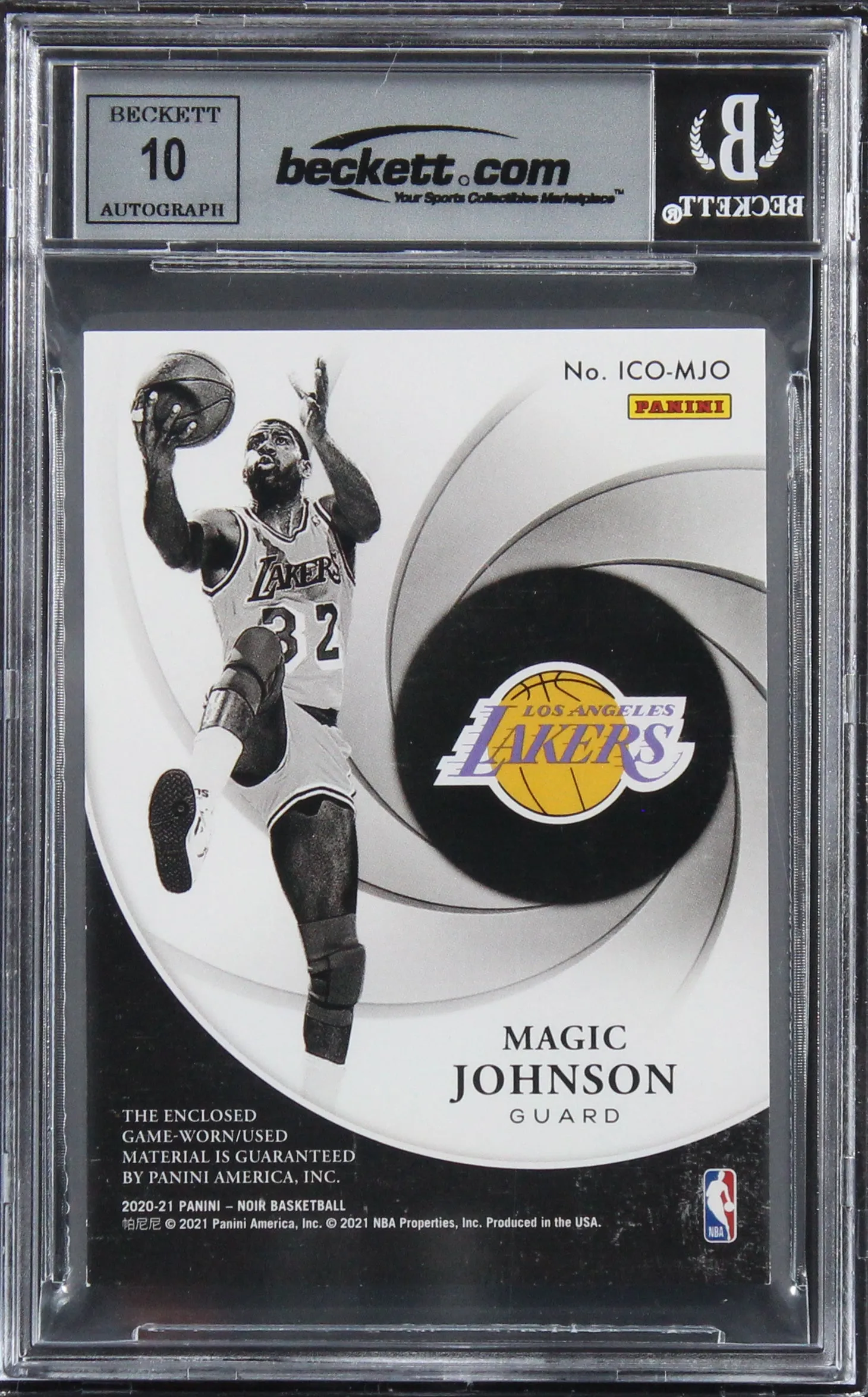 Magic Johnson Signed 2020 Panini Noir Icons #2 #16/99 Card Auto 10! BAS Slabbed