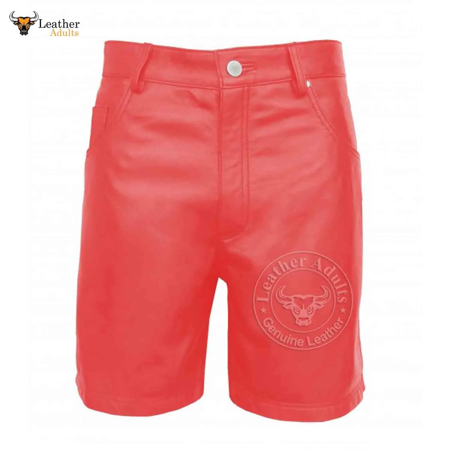 MENS 100% GENUINE RED LEATHER BERMUDA SHORTS with Five Pockets