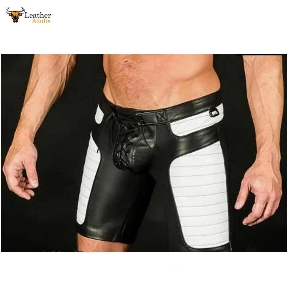 Mens Black Real Leather Foot Ball Rugby 3D Shorts with White Contrast Sports Shorts