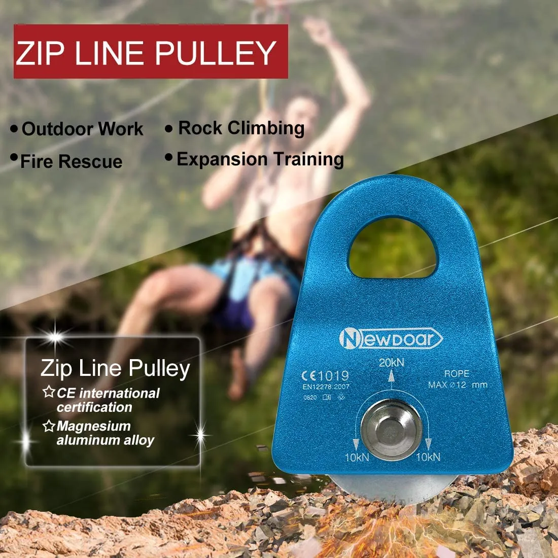 NewDoar CE Certified 20kN Micro Pulley Fixed Side Trolley for Climbing Rescue