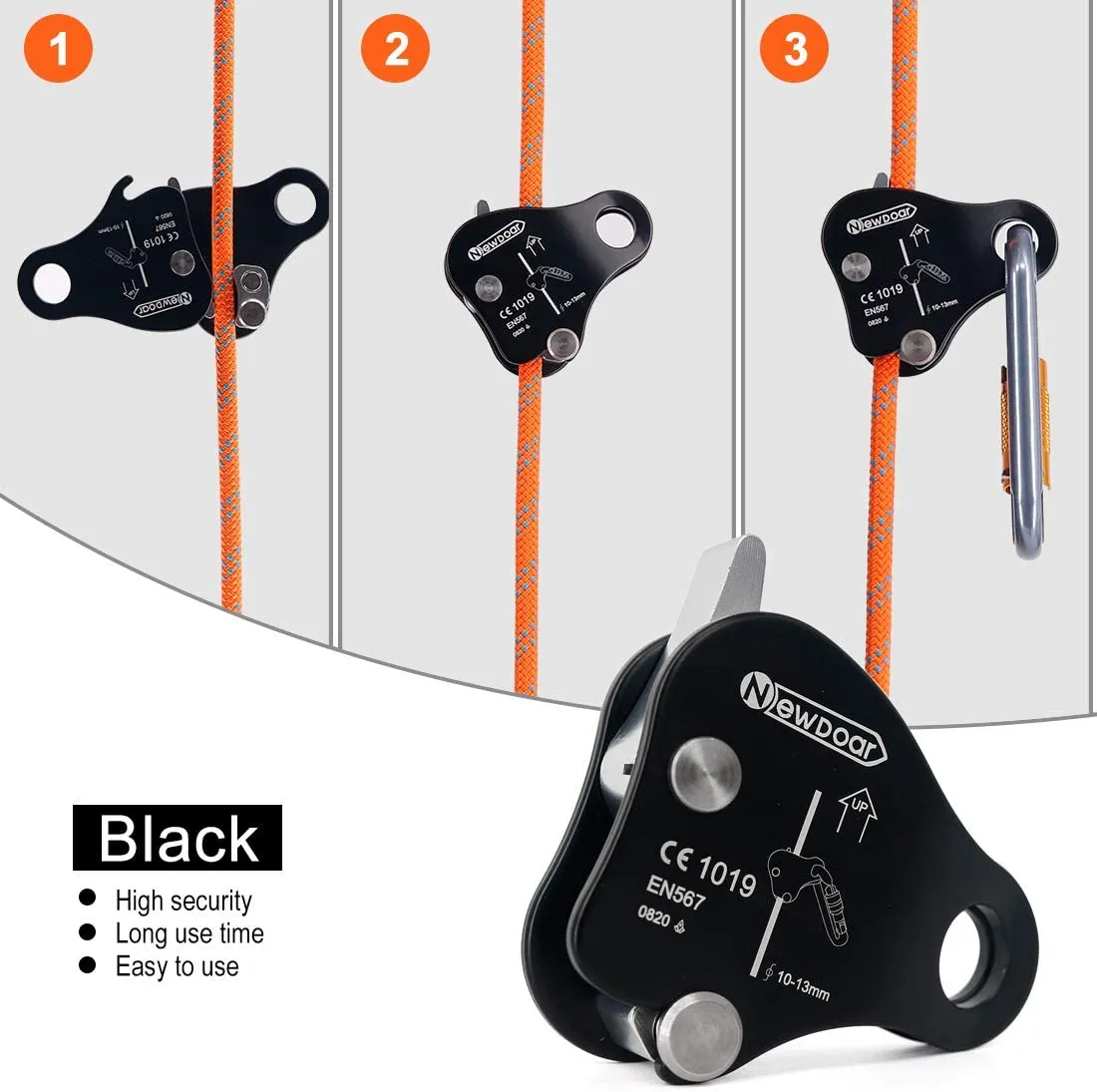 NewDoar Rope Grab Ascender 15KN for 9mm-12mm Rope for  Climbing Protection Rescue