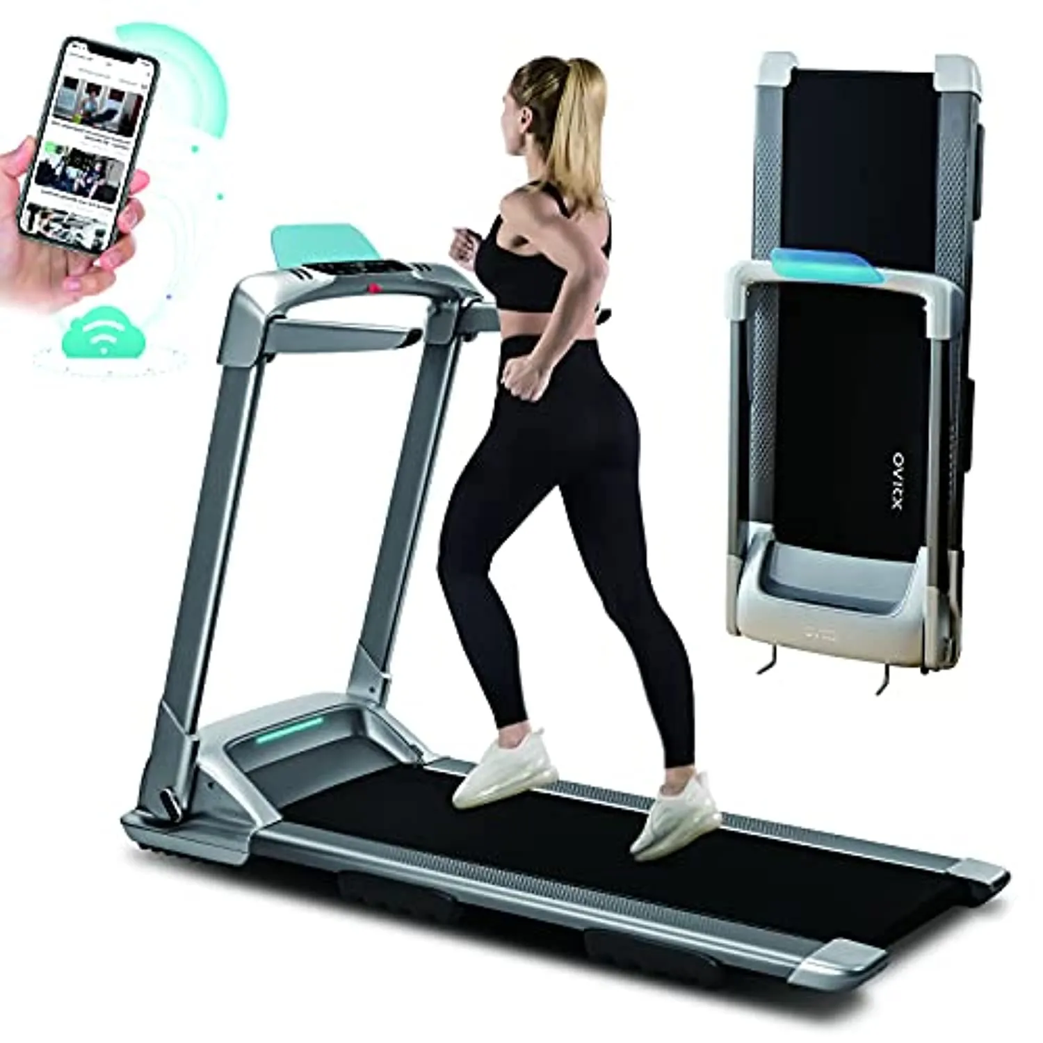 OVICX Q2S Folding Portable Treadmill Compact Walking Running Machine for Home Gym Workout Electric Foldable Treadmills with LED Display Phone Holder Treadmill for Small Spaces 3.0HP Weight Capacity 300 lbs