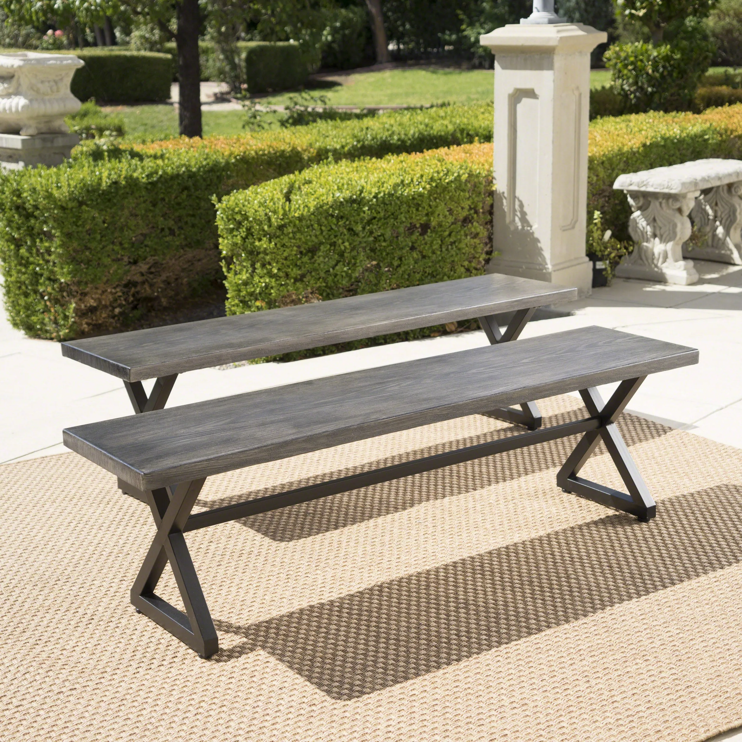 Rosarito Outdoor Aluminum Dining Bench with Black Steel Frame (Set of 2)