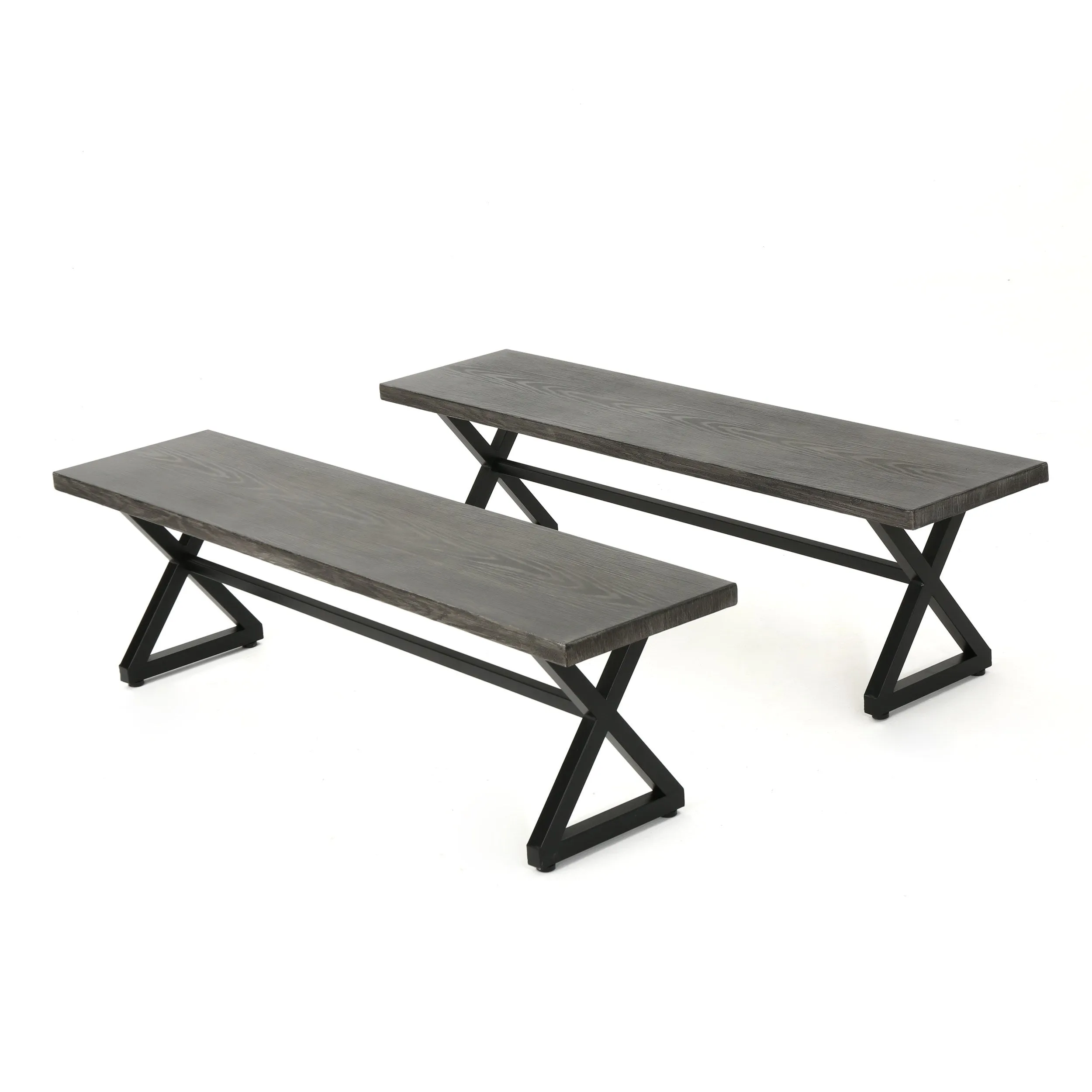 Rosarito Outdoor Aluminum Dining Bench with Black Steel Frame (Set of 2)