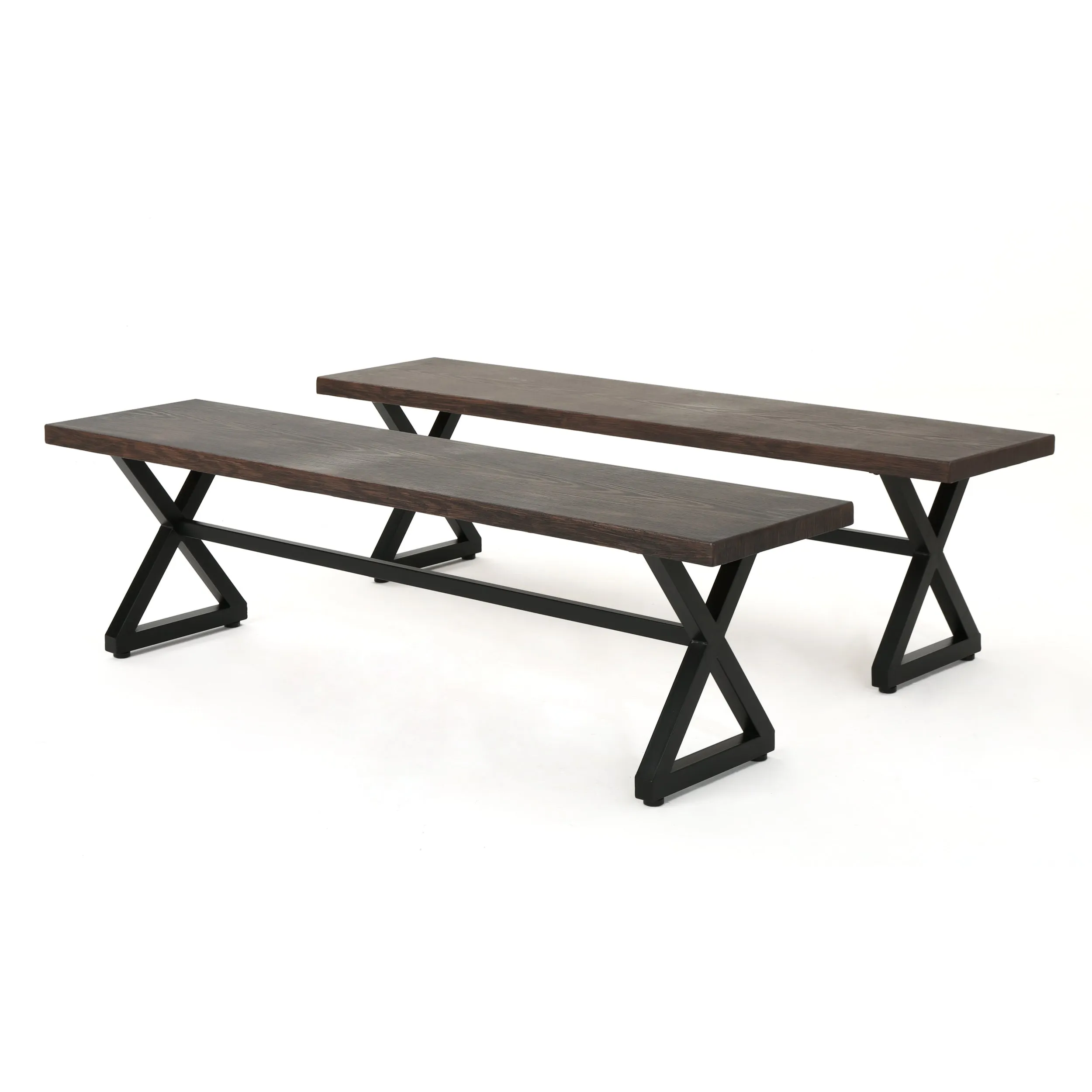 Rosarito Outdoor Aluminum Dining Bench with Black Steel Frame (Set of 2)