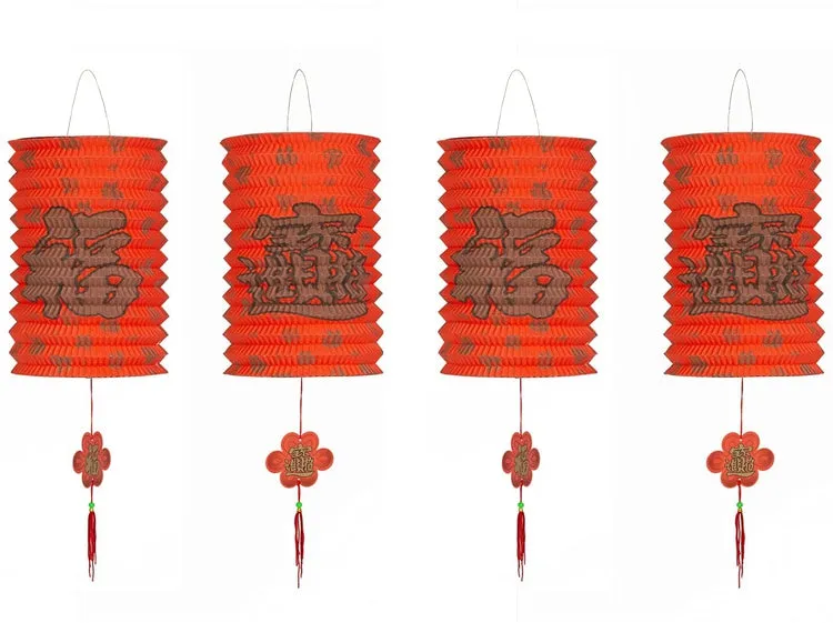 Traditional Style Chinese Festive Red Paper Hanging Lantern Decoration, Set of 4