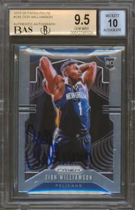 Zion Williamson Signed 2019 Panini Prizm #248 RC Card Grade 9.5 Auto 10 BAS Slab